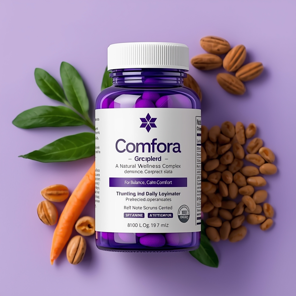 Comfora wellness bottle with soft gradient lighting